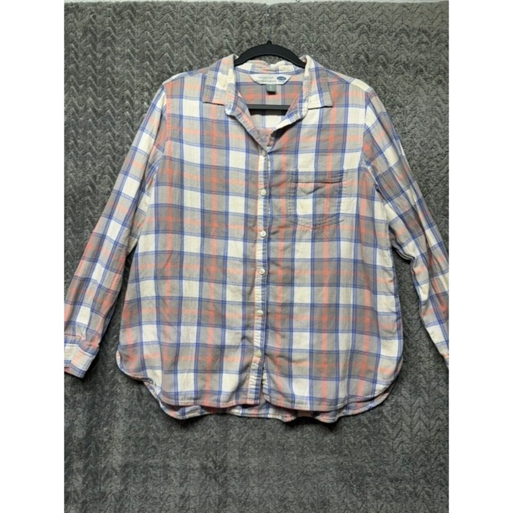 Old Navy The Classic Shirt Womens XL Orange Blue Plaid Flannel Button Down 0707